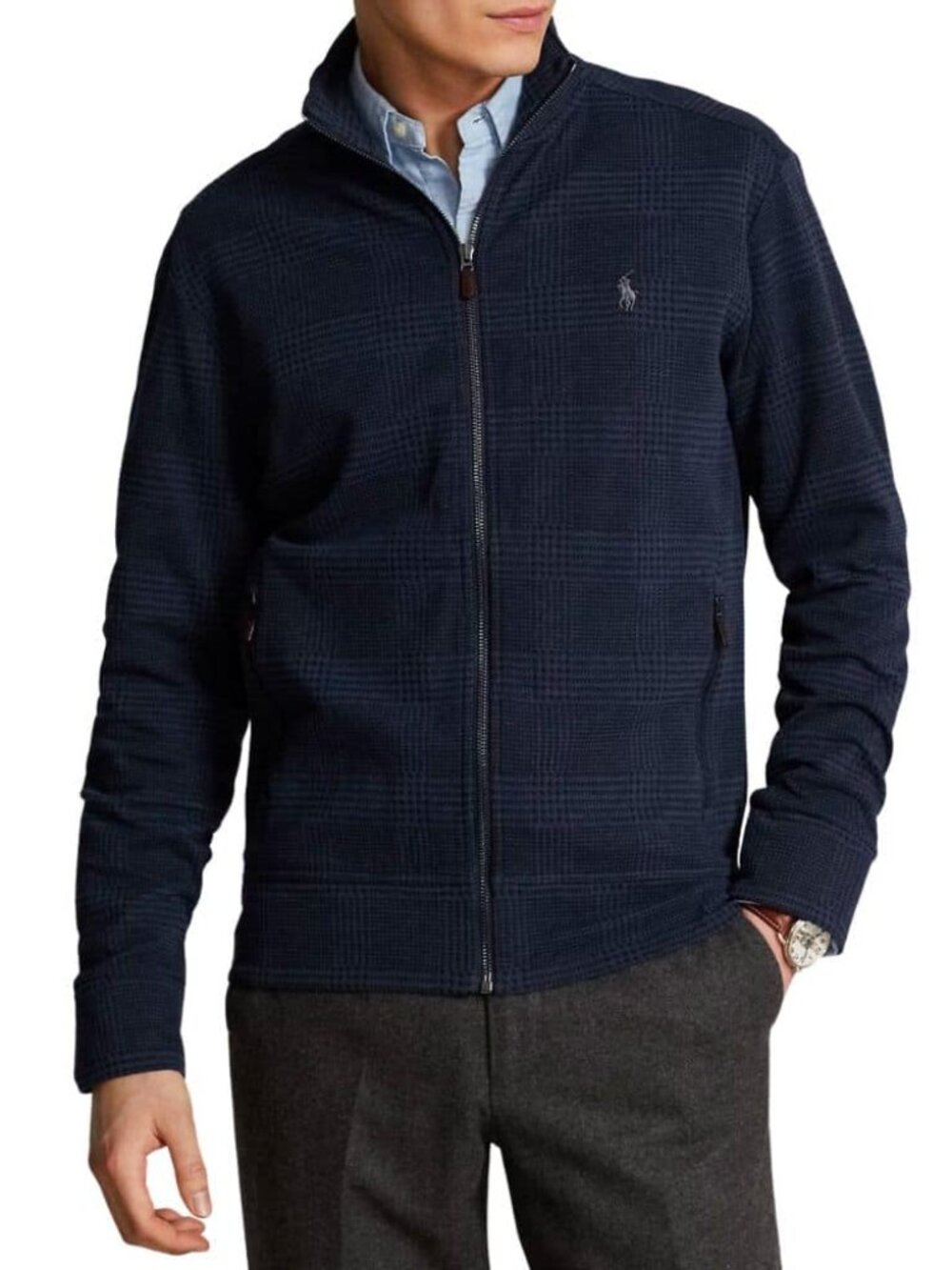 Mens Polo Ralph Lauren Navy Plaid Luxury Jersey Full Zip Jacket sz M